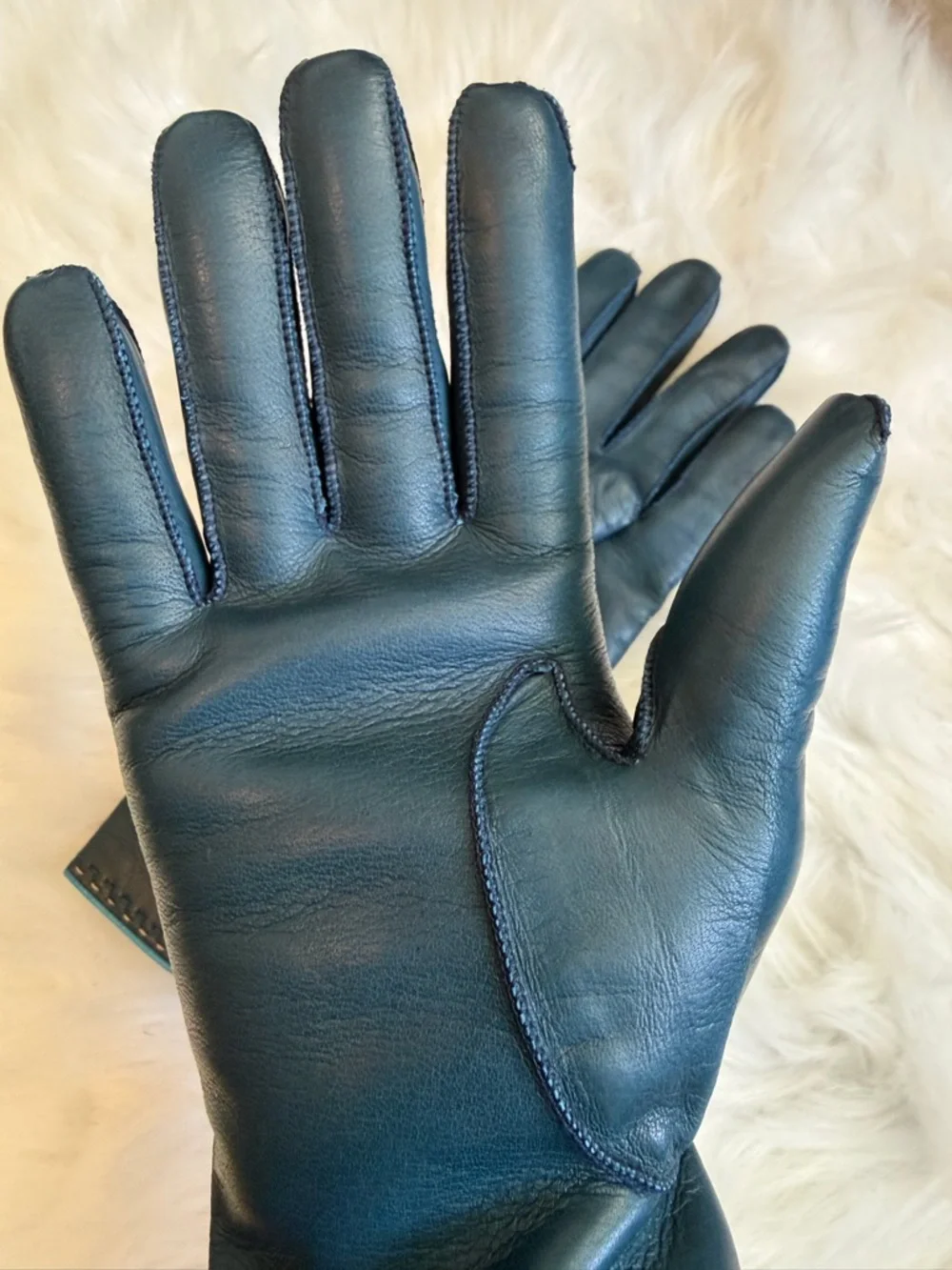 Coach Teal Leather Gloves with Cashmere Lining - Picture 5 of 8